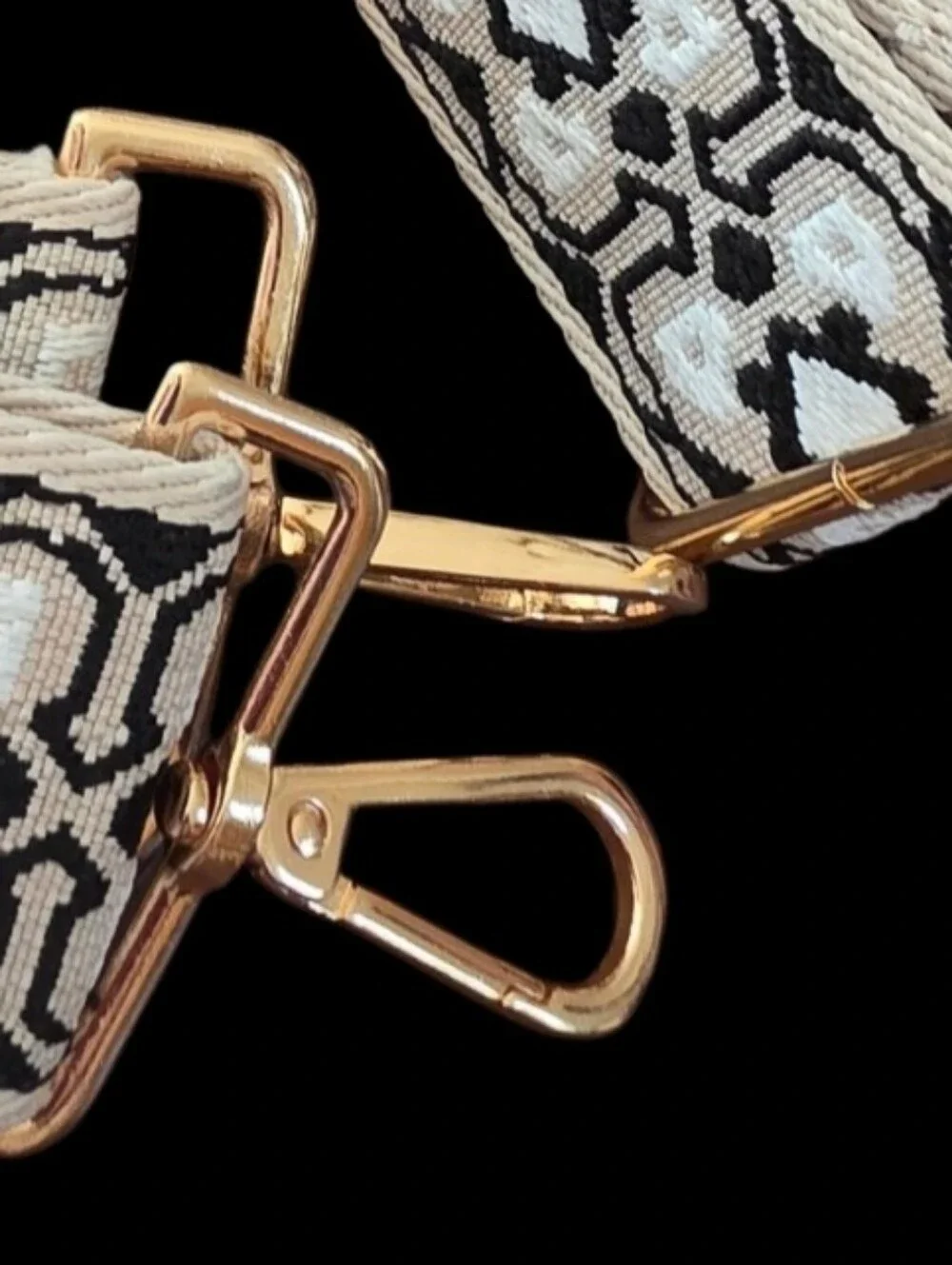 Crossbody Strap. Adjustable Beige & Black Woven Bag Strap with Gold Hardware